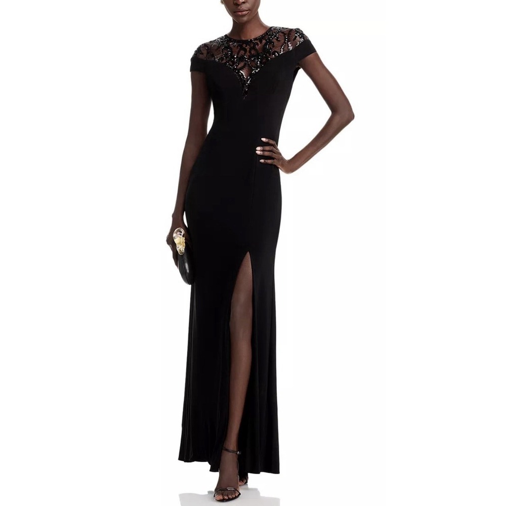 Adrianna Papell Embellished Illusion-Yoke Gown Sequin Jersey Dress Size 6 Black